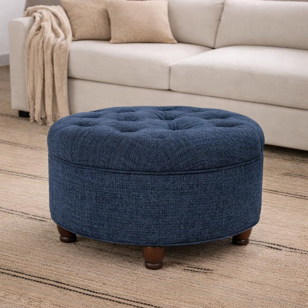 imageHomePop Home Decor Button Round Storage Ottoman Ottoman with Storage for Living Room amp Bedroom Light Camel Faux LeatherNavy