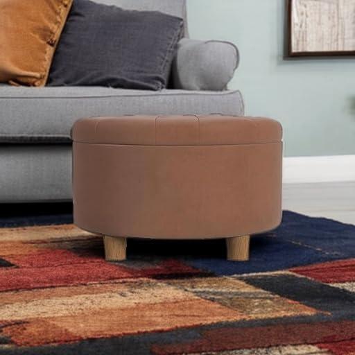 imageHomePop Home Decor Button Round Storage Ottoman Ottoman with Storage for Living Room amp Bedroom Light Camel Faux LeatherSpice Orange