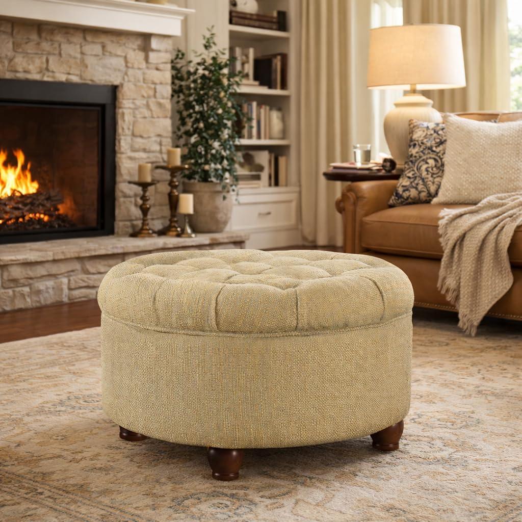 imageHomePop Home Decor Button Round Storage Ottoman Ottoman with Storage for Living Room amp Bedroom Light Camel Faux LeatherTan and Cream Tweed