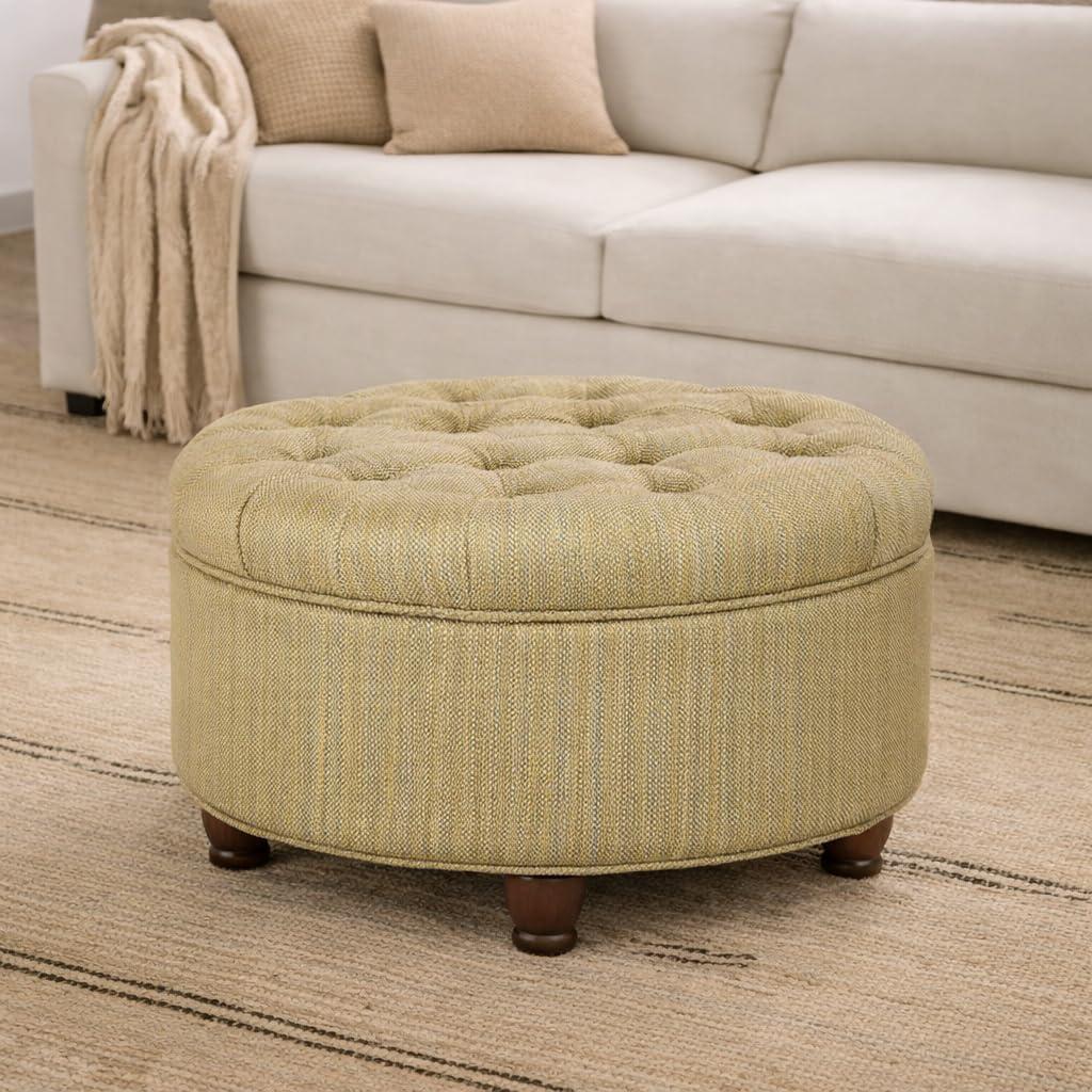 imageHomePop Home Decor Button Round Storage Ottoman Ottoman with Storage for Living Room amp Bedroom Light Camel Faux LeatherTan and Cream Tweed