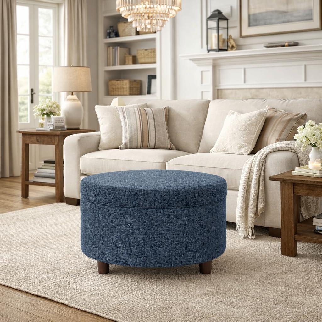 imageHomePop Home Decor Button Round Storage Ottoman Ottoman with Storage for Living Room amp Bedroom Light Camel Faux LeatherTextured Navy