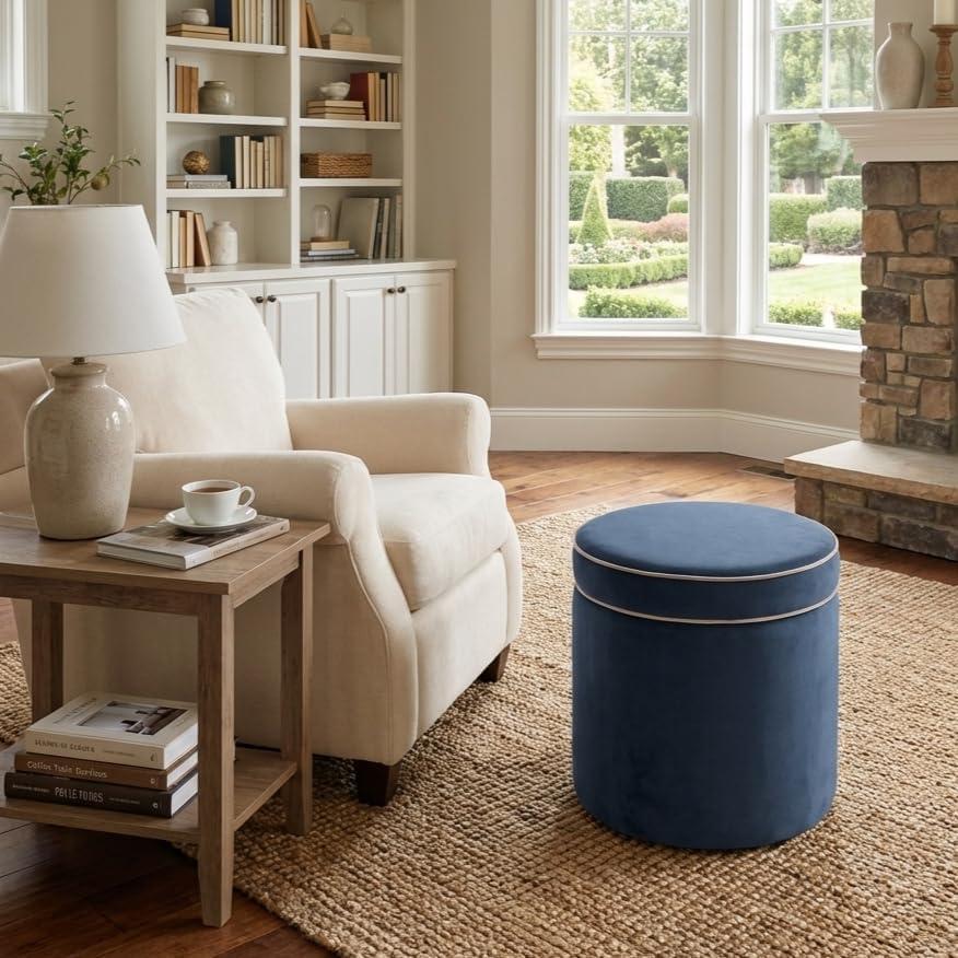 imageSpatial Order Velvet Storage Ottoman with LiftOff Lid 18 Round Upholstered Footrest Tan Velvet Modern Accent Stool with Hidden Storage for Living Room amp BedroomBlue Velvet