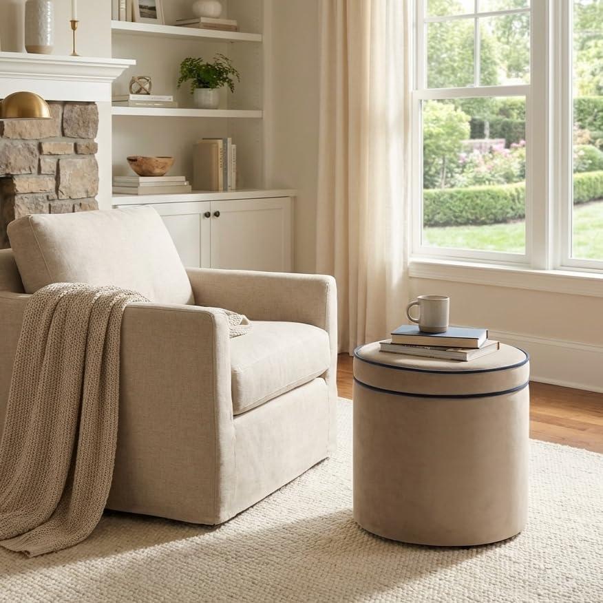 imageSpatial Order Velvet Storage Ottoman with LiftOff Lid 18 Round Upholstered Footrest Tan Velvet Modern Accent Stool with Hidden Storage for Living Room amp BedroomTan Velvet