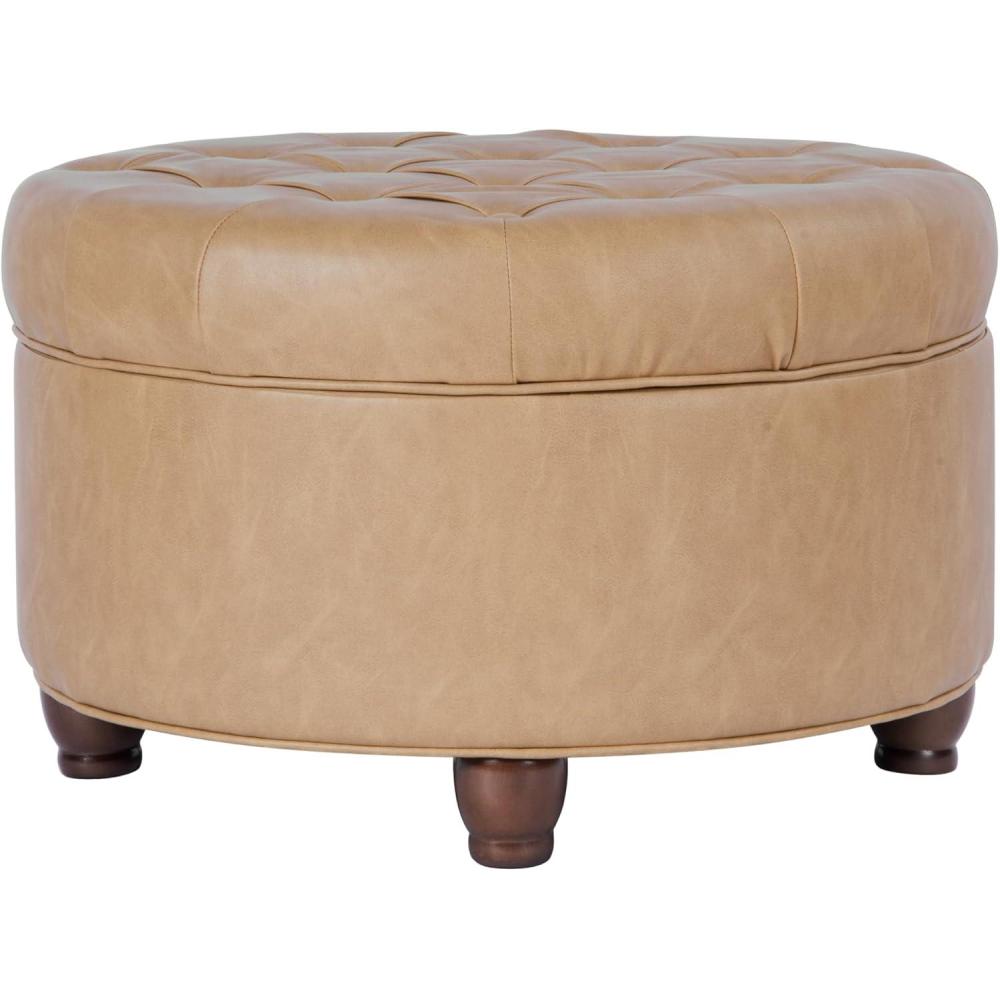 imageHomePop Home Decor Button Round Storage Ottoman Ottoman with Storage for Living Room amp Bedroom Light Camel Faux LeatherSand Faux Leather
