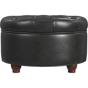 HomePop Home Decor | Button Round Storage Ottoman | Ottoman with Storage for Living Room & Bedroom, Light Camel Faux Leather(Black Faux Leather)