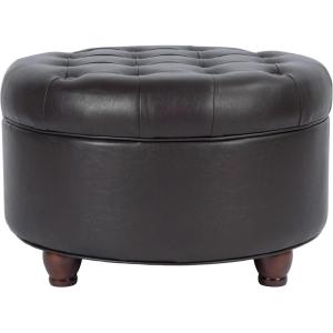HomePop Home Decor | Button Round Storage Ottoman | Ottoman with Storage for Living Room & Bedroom, Light Camel Faux Leather(Brown)