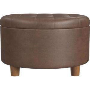 HomePop Home Decor | Button Round Storage Ottoman | Ottoman with Storage for Living Room & Bedroom, Light Camel Faux Leather(Brown Faux Leather)