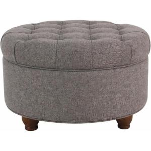HomePop Home Decor | Button Round Storage Ottoman | Ottoman with Storage for Living Room & Bedroom, Light Camel Faux Leather(Dark Gray)
