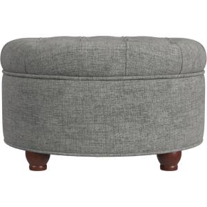 HomePop Home Decor | Button Round Storage Ottoman | Ottoman with Storage for Living Room & Bedroom, Light Camel Faux Leather(Gray Woven)