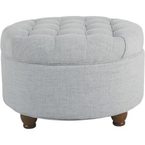 HomePop Home Decor | Button Round Storage Ottoman | Ottoman with Storage for Living Room & Bedroom, Light Camel Faux Leather(Light Blue)