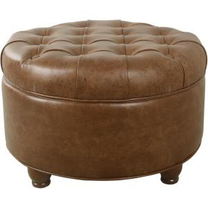 HomePop Home Decor | Button Round Storage Ottoman | Ottoman with Storage for Living Room & Bedroom, Light Camel Faux Leather(Light Brown)