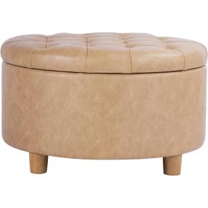 HomePop Home Decor | Button Round Storage Ottoman | Ottoman with Storage for Living Room & Bedroom, Light Camel Faux Leather(Light Camel Faux Leather)
