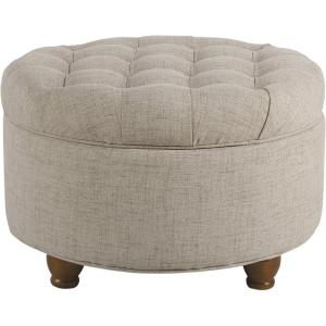 HomePop Home Decor | Button Round Storage Ottoman | Ottoman with Storage for Living Room & Bedroom, Light Camel Faux Leather(Light Tan)
