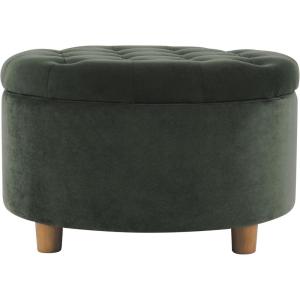 HomePop Home Decor | Button Round Storage Ottoman | Ottoman with Storage for Living Room & Bedroom, Light Camel Faux Leather(Loden Green Velvet)