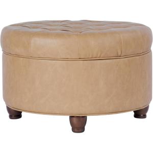 HomePop Home Decor | Button Round Storage Ottoman | Ottoman with Storage for Living Room & Bedroom, Light Camel Faux Leather(Sand Faux Leather)