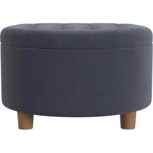 HomePop Home Decor | Button Round Storage Ottoman | Ottoman with Storage for Living Room & Bedroom, Light Camel Faux Leather(Steel Blue Velvet)