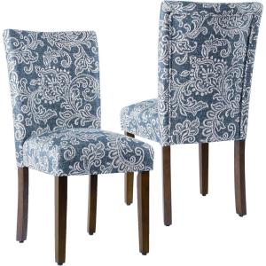 HomePop Parsons Classic Upholstered Accent Dining Chair, Set of 2, Gray and Cream(Denim Jacobean Print)