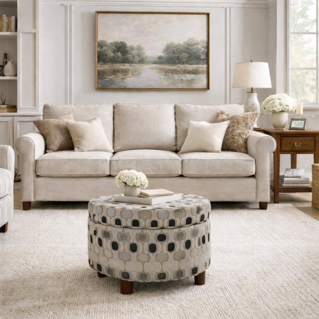 imageHomepop Home Decor Upholstered Round Storage Ottoman Ottoman with Storage for Living Room amp Bedroom Cream Chevron Woven LargeBlack Geometric