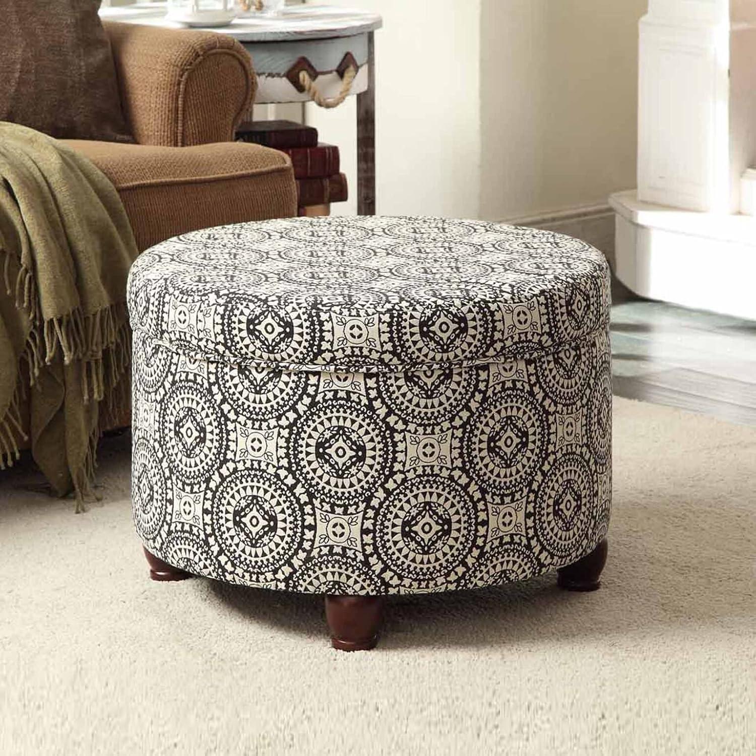 imageHomepop Home Decor Upholstered Round Storage Ottoman Ottoman with Storage for Living Room amp Bedroom Cream Chevron Woven LargeBlack and White