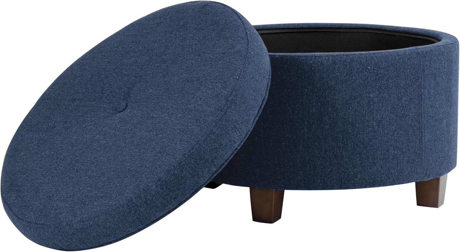 imageHomepop Home Decor Upholstered Round Storage Ottoman Ottoman with Storage for Living Room amp Bedroom Cream Chevron Woven LargeBlue Woven Fabric
