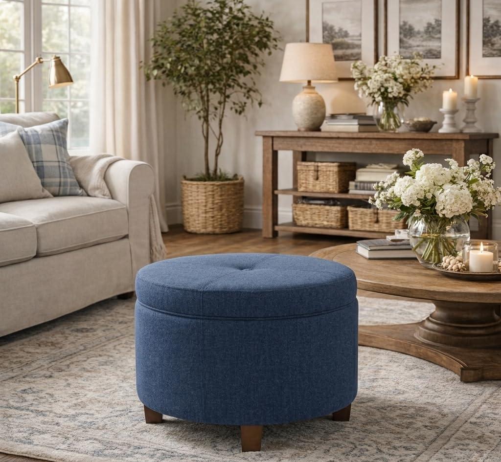 imageHomepop Home Decor Upholstered Round Storage Ottoman Ottoman with Storage for Living Room amp Bedroom Cream Chevron Woven LargeBlue Woven Fabric
