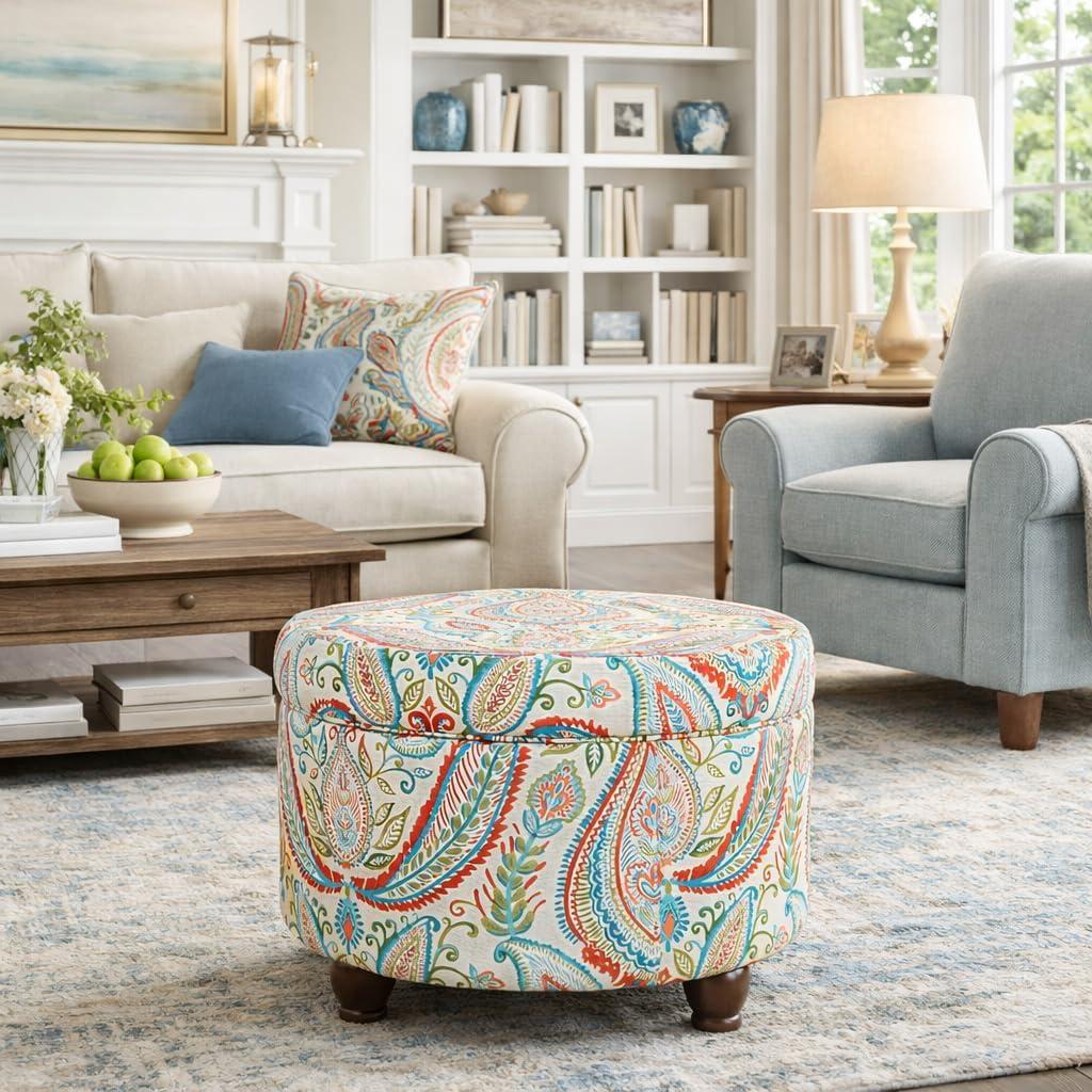 imageHomepop Home Decor Upholstered Round Storage Ottoman Ottoman with Storage for Living Room amp Bedroom Cream Chevron Woven LargeBold Paisley