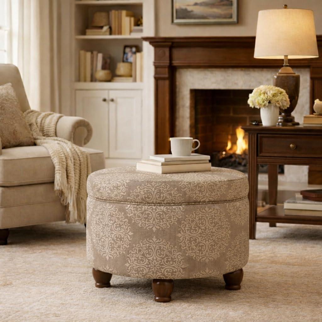imageHomepop Home Decor Upholstered Round Storage Ottoman Ottoman with Storage for Living Room amp Bedroom Cream Chevron Woven LargeBrown Medallion