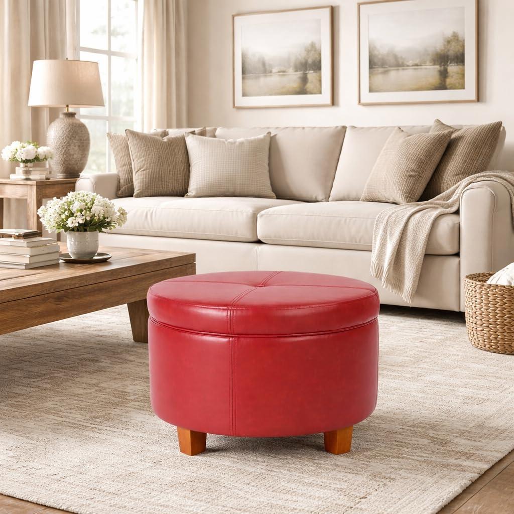 imageHomepop Home Decor Upholstered Round Storage Ottoman Ottoman with Storage for Living Room amp Bedroom Cream Chevron Woven LargeCinnamon Red