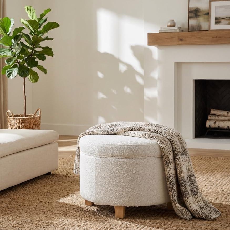 imageHomepop Home Decor Upholstered Round Storage Ottoman Ottoman with Storage for Living Room amp Bedroom Cream Chevron Woven LargeCream Boucle