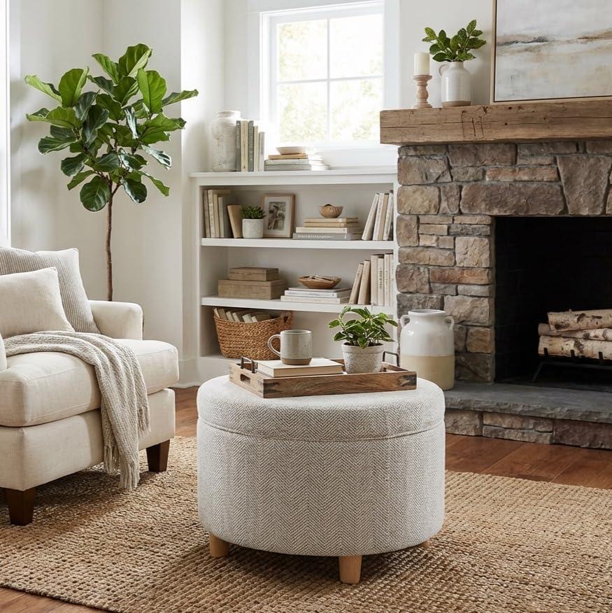 imageHomepop Home Decor Upholstered Round Storage Ottoman Ottoman with Storage for Living Room amp Bedroom Cream Chevron Woven LargeCream Chevron Woven