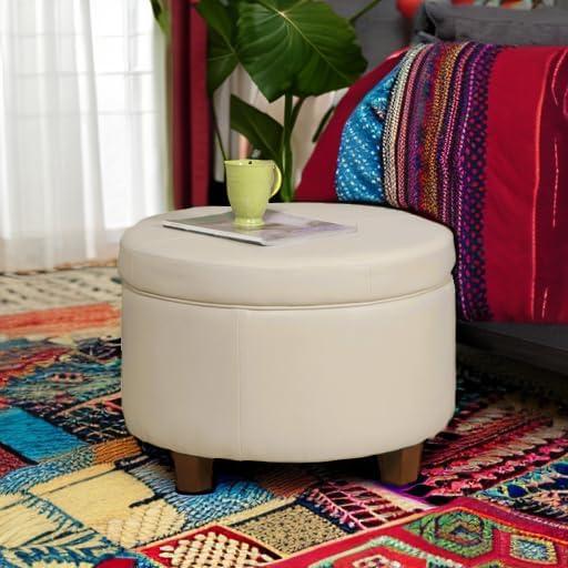 imageHomepop Home Decor Upholstered Round Storage Ottoman Ottoman with Storage for Living Room amp Bedroom Cream Chevron Woven LargeCream Faux Leather