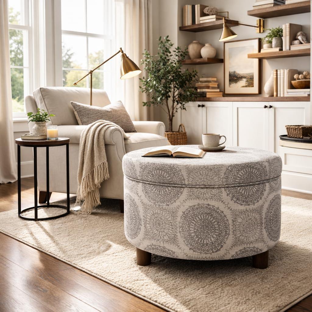 imageHomepop Home Decor Upholstered Round Storage Ottoman Ottoman with Storage for Living Room amp Bedroom Cream Chevron Woven LargeGrey Medallion