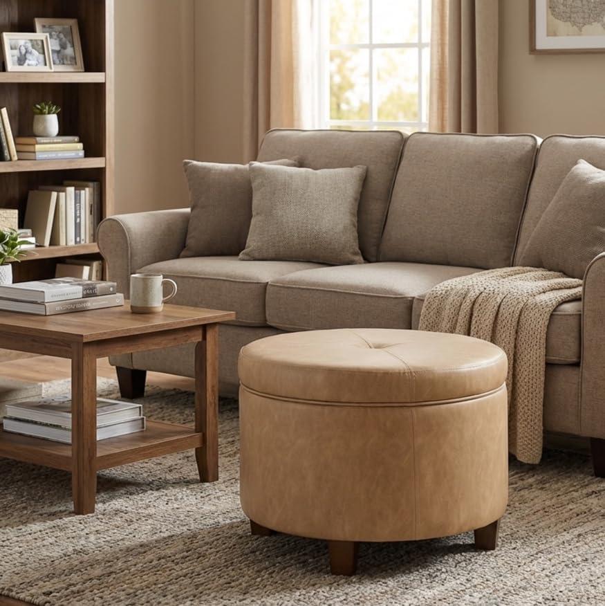 imageHomepop Home Decor Upholstered Round Storage Ottoman Ottoman with Storage for Living Room amp Bedroom Cream Chevron Woven LargeSand Faux Leather
