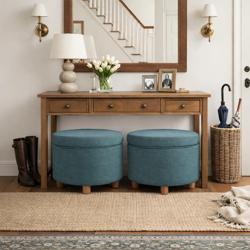 imageHomepop Home Decor Upholstered Round Storage Ottoman Ottoman with Storage for Living Room amp Bedroom Cream Chevron Woven LargeTeal Linen
