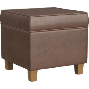 Homepop Home Decor | Classic Square Storage Ottoman with Lift Off Lid | Ottoman with Storage for Living Room & Bedroom, Blue Chevron Print(Brown Faux Leather)
