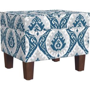 Homepop Home Decor | Upholstered Medium Rectangular Storage Ottoman | Hinged Lid Ottoman with Storage for Living Room & Bedroom, Blue Velvet(Blue Ikat Medallion Print)