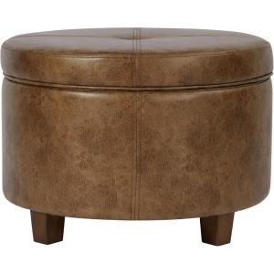 Homepop Home Decor | Upholstered Round Storage Ottoman | Ottoman with Storage for Living Room & Bedroom (Cream Chevron Woven) Large(Distressed Brown Faux Leather)