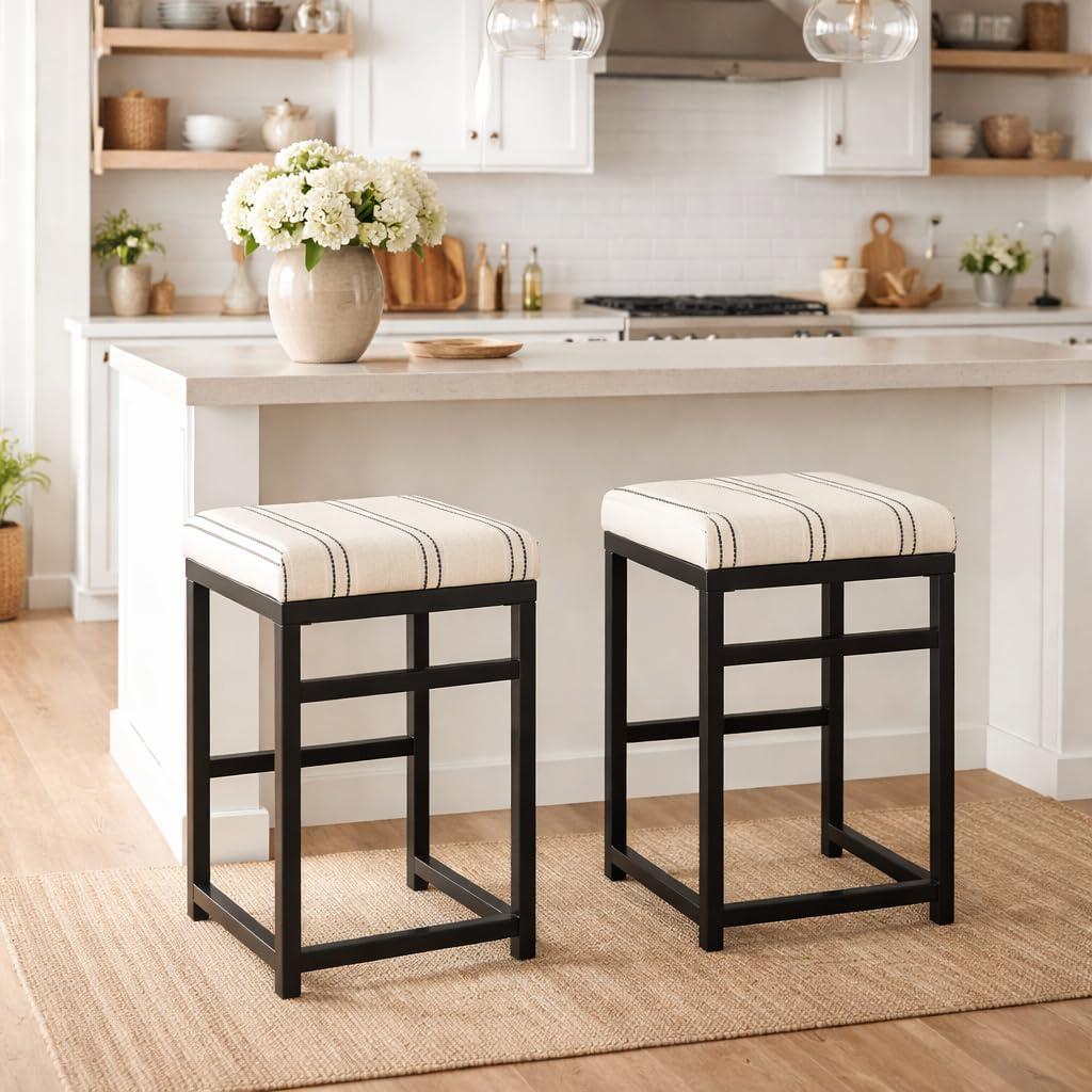 imageHomepop Home Decor Classic OpenBack Counter Height Barstool Square 24 Inch Bar Stools with Domed Cushion Brown Window Pane PrintBlack and White