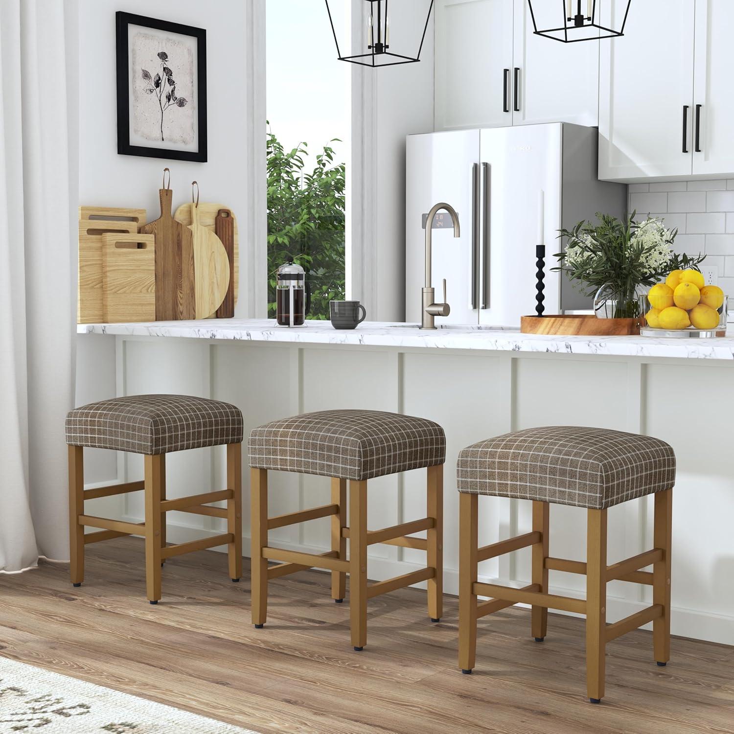 imageHomepop Home Decor Classic OpenBack Counter Height Barstool Square 24 Inch Bar Stools with Domed Cushion Brown Window Pane PrintBrown Window Pane Print