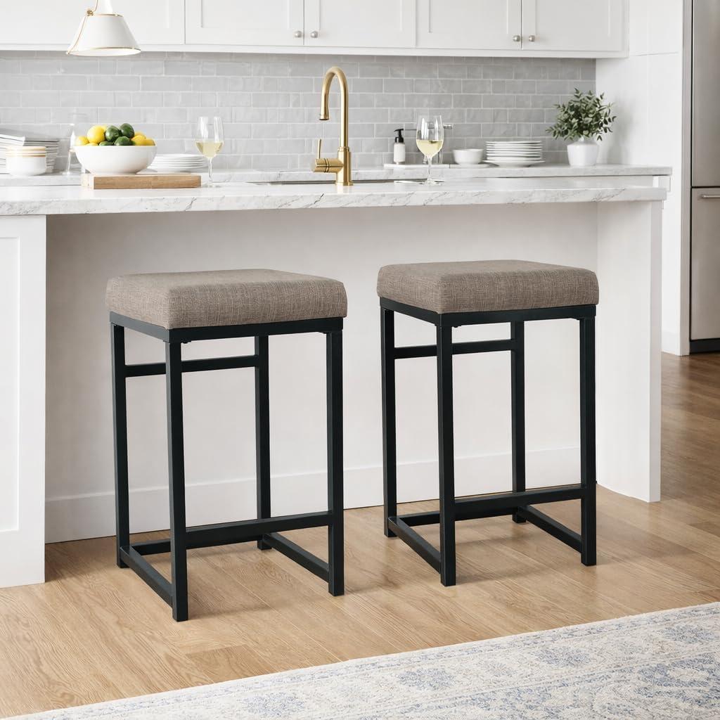 imageHomepop Home Decor Classic OpenBack Counter Height Barstool Square 24 Inch Bar Stools with Domed Cushion Brown Window Pane PrintBrown and Black