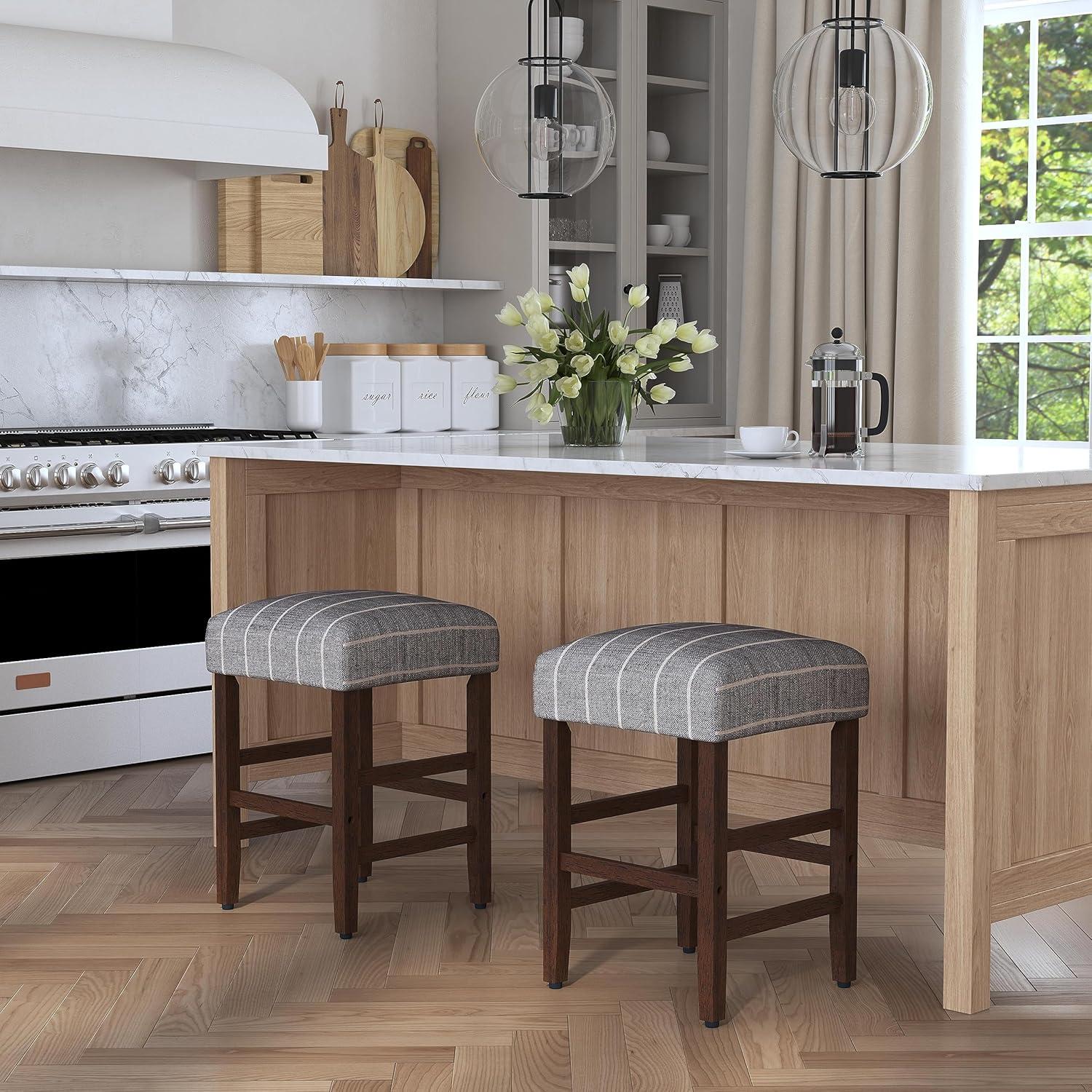 imageHomepop Home Decor Classic OpenBack Counter Height Barstool Square 24 Inch Bar Stools with Domed Cushion Brown Window Pane PrintMidnight Gray Woven Stripe