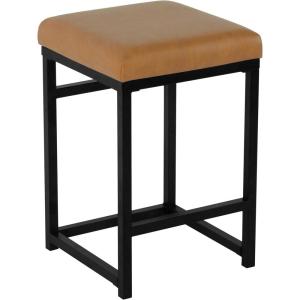 Homepop Home Decor |Classic Open-Back Counter Height Barstool| Square 24 Inch Bar Stools with Domed Cushion, Brown Window Pane Print(Carmel Faux Leather)