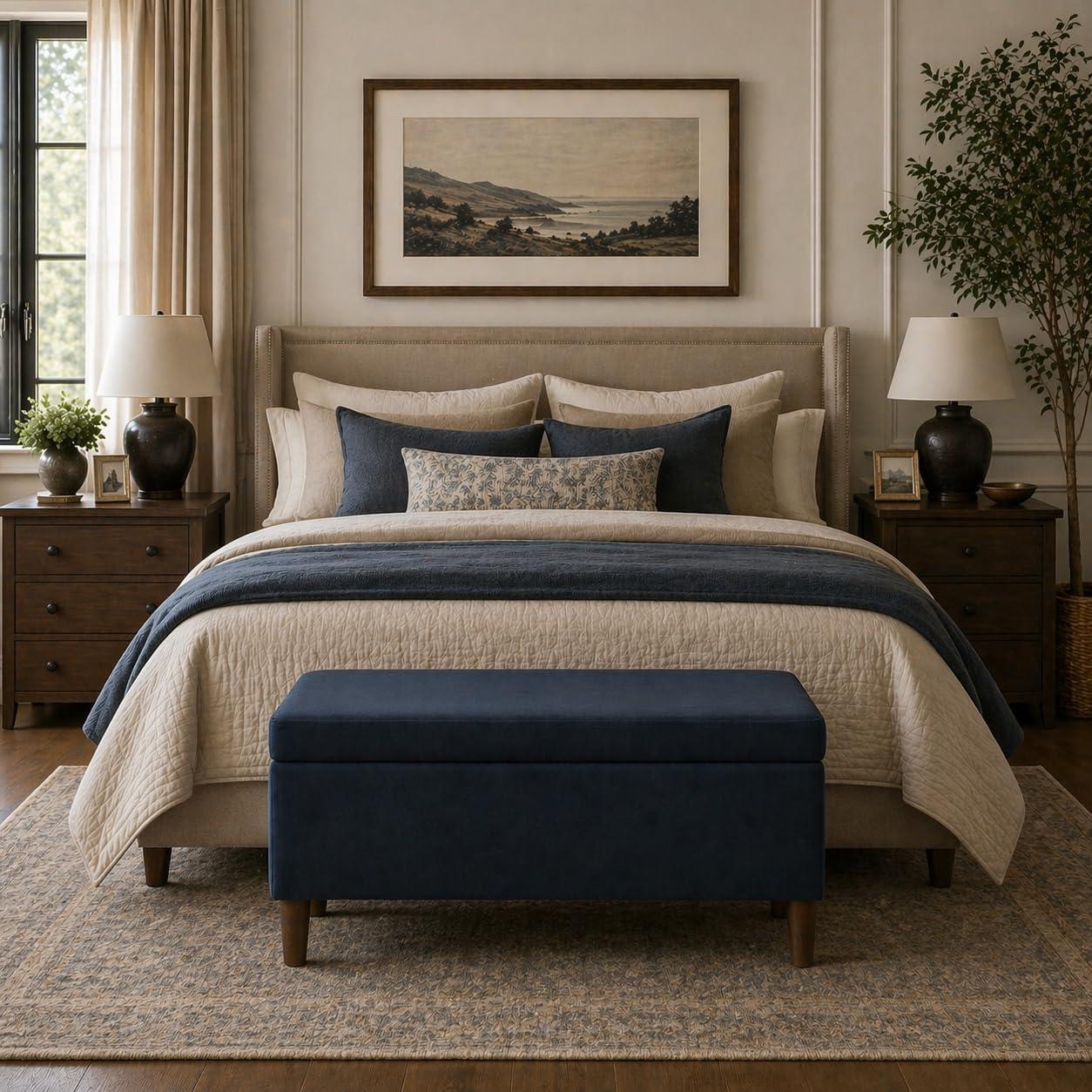 imageHomePop Large Decorative Storage Bench Blue Geometric PatternBlue Velvet