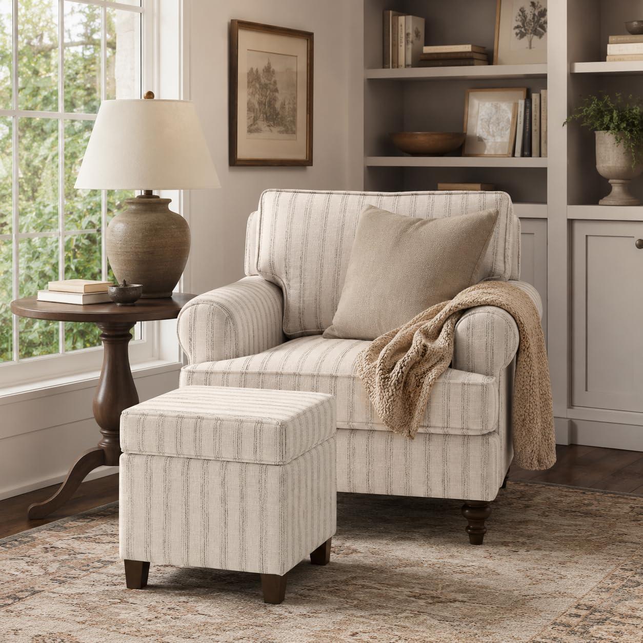 imageHomePop Small Square Storage Ottoman with LiftOff Top Gray and Cream Stripe Fabric Upholstered Accent Footrest Stool with Wood Legs for Living Room Bedroom EntrywayGray and Cream Stripe