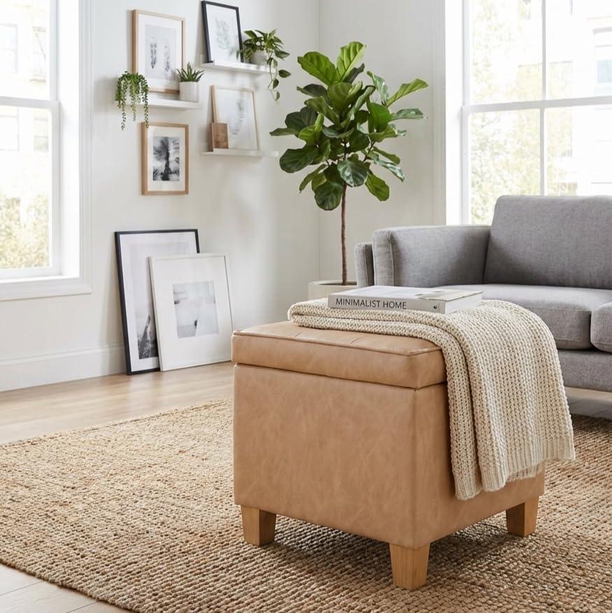 imageHomePop Small Square Storage Ottoman with LiftOff Top Gray and Cream Stripe Fabric Upholstered Accent Footrest Stool with Wood Legs for Living Room Bedroom EntrywaySand Faux Leather