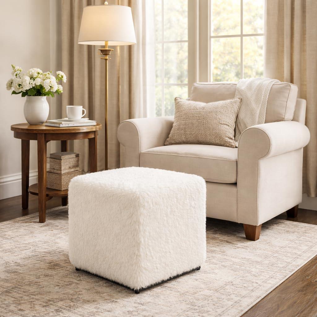 imageHomePop Small Square Storage Ottoman with LiftOff Top Gray and Cream Stripe Fabric Upholstered Accent Footrest Stool with Wood Legs for Living Room Bedroom EntrywayWhite Faux Fur