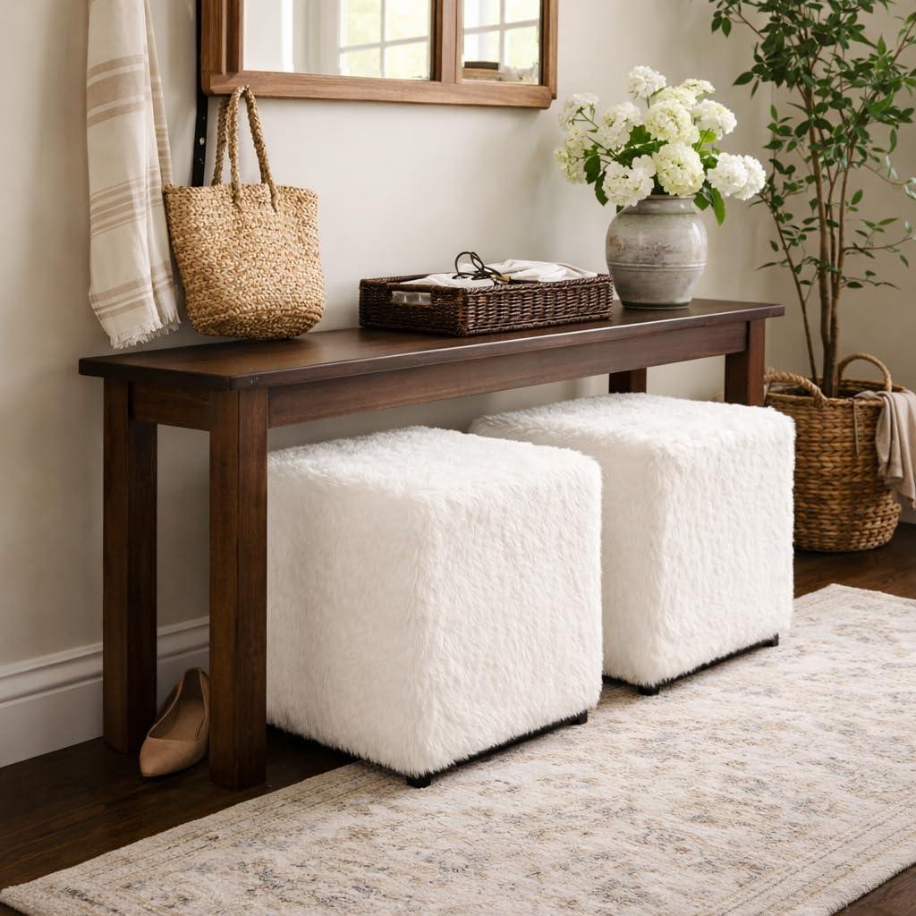 imageHomePop Small Square Storage Ottoman with LiftOff Top Gray and Cream Stripe Fabric Upholstered Accent Footrest Stool with Wood Legs for Living Room Bedroom EntrywayWhite Faux Fur