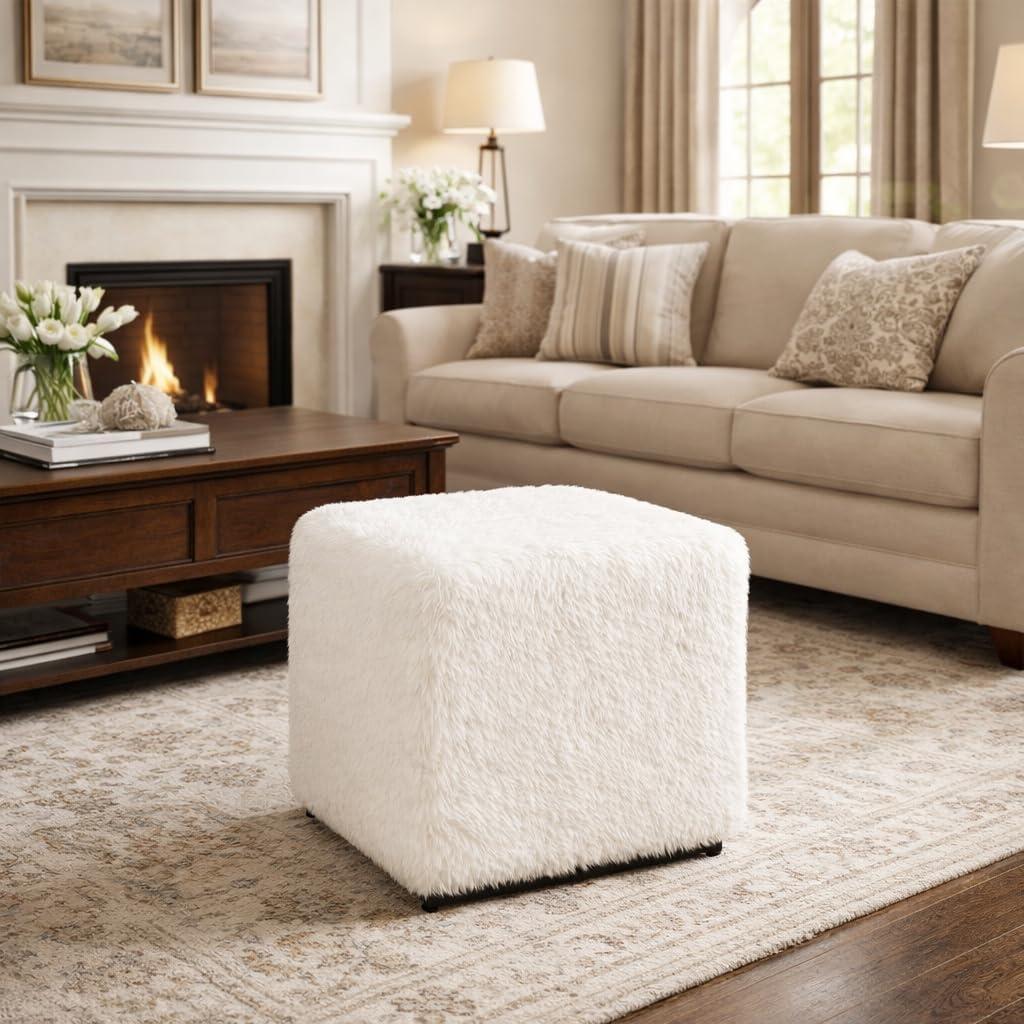 imageHomePop Small Square Storage Ottoman with LiftOff Top Gray and Cream Stripe Fabric Upholstered Accent Footrest Stool with Wood Legs for Living Room Bedroom EntrywayWhite Faux Fur