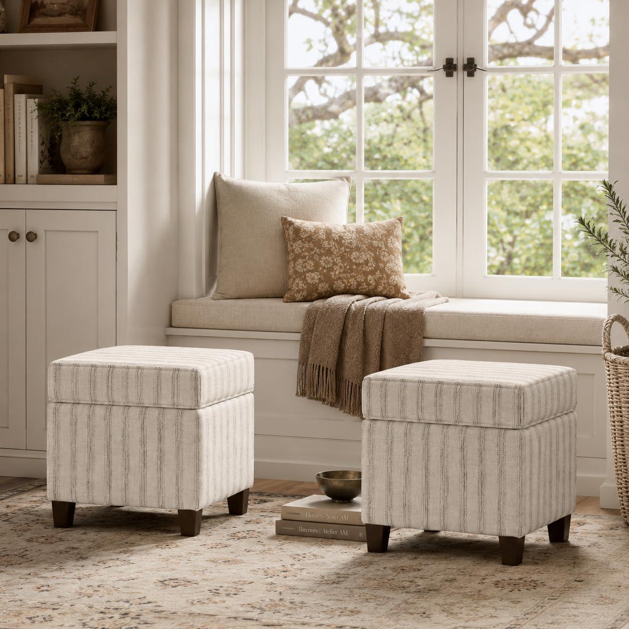 imageHomePop Small Square Storage Ottoman with LiftOff Top Gray and Cream Stripe Fabric Upholstered Accent Footrest Stool with Wood Legs for Living Room Bedroom EntrywayGray and Cream Stripe