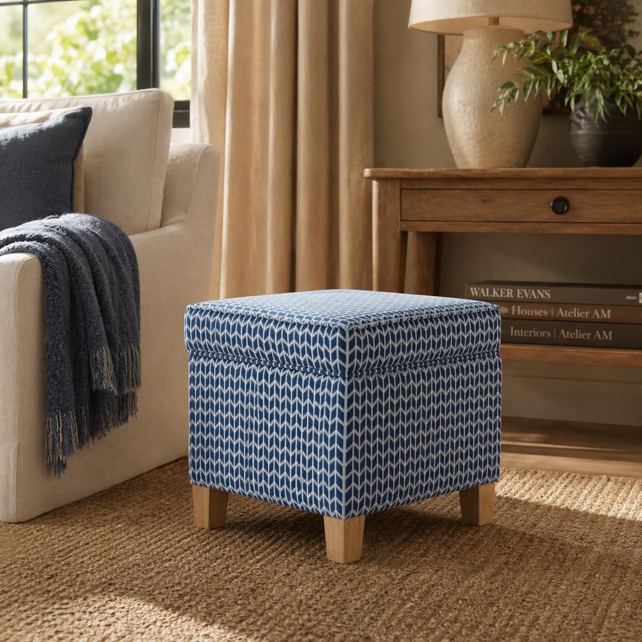imageHomePop Small Square Storage Ottoman with LiftOff Top Gray and Cream Stripe Fabric Upholstered Accent Footrest Stool with Wood Legs for Living Room Bedroom EntrywayBlue Chevron Print